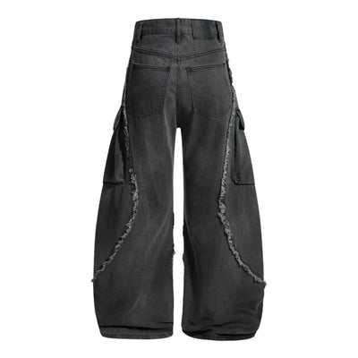 Men's Washed Distressed Denim Pants Wide Leg Patchwork Raw Edge Unique