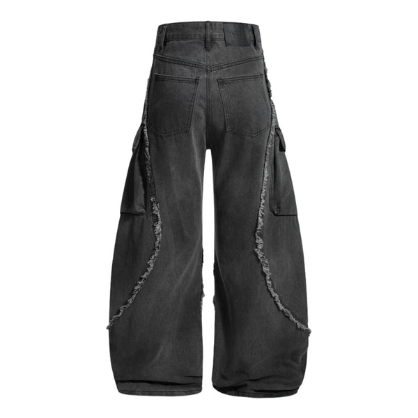 Men's Washed Distressed Denim Pants Wide Leg Patchwork Raw Edge Unique