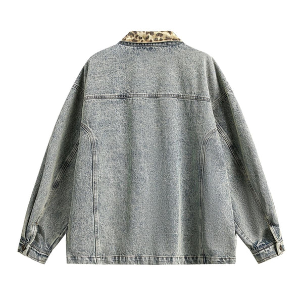 Vintage Streetwear Leopard Print Patchwork Washed Denim Jacket