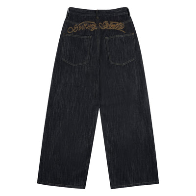 Embroidered Black Washed Baggy Jeans
