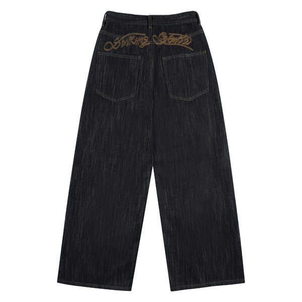 Embroidered Black Washed Baggy Jeans