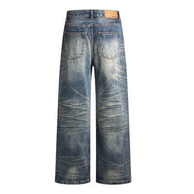 Wash Vintage Whiskered Fluid Flow Wide Leg Denim Jeans