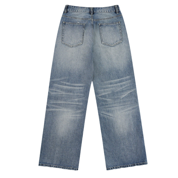 Vintage Washed Crease Effect Wide Leg Baggy Denim Jeans