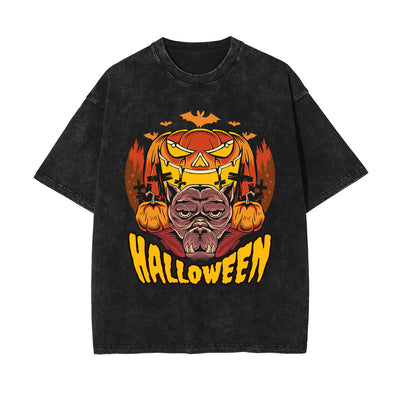 Halloween Pumpkin Graphic Washed Tee-INNBLAC