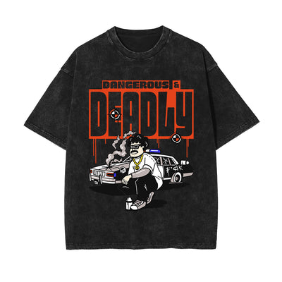 Graffiti Cartoon Stone Wash Graphic Tee-INNBLAC