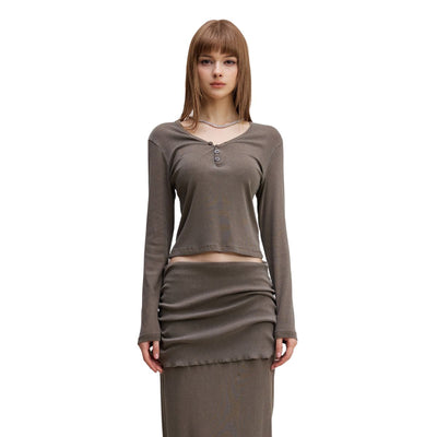 Long-Sleeve Ribbed Henley Top 275gsm