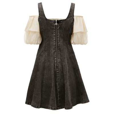 Puff Sleeves Button Front Denim Mini Dress