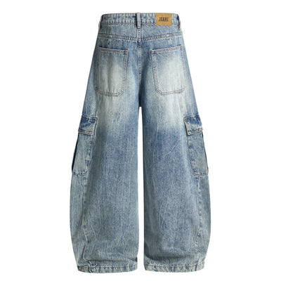 Distressed Cargo Style Wide Leg Denim Jeans