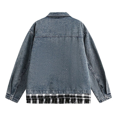 Men's Retro Plaid Patchwork Fake Two-piece Denim Jacket