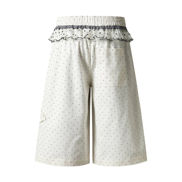 Y2K Polka Dot Graphic Ruffle Waist Baggy Wide-Leg Bermuda Denim Shorts