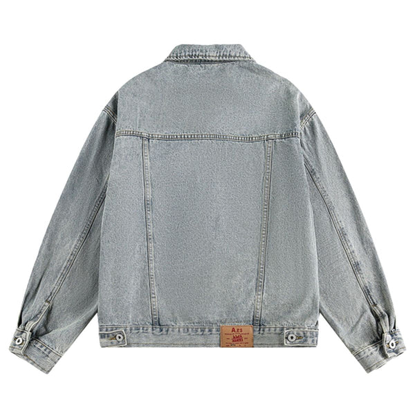 Unisex Loose Lazy Style Retro Cute Animal Embroidered Lapel Washed Denim Jacket