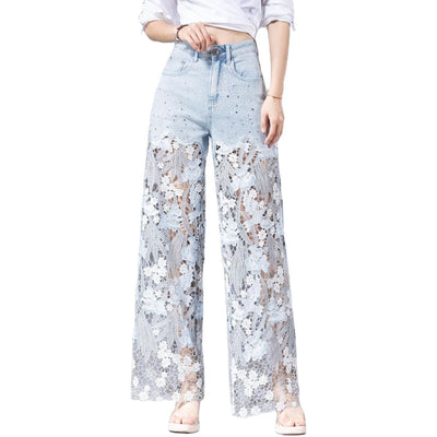 Rhinestones & Sequins Cut-Out Wide-Leg Jeans
