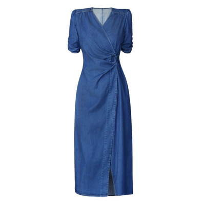 Puff Sleeve Denim Wrap Midi Dress