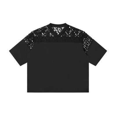 Openwork Lace-Stitching V-Neck Boxy Tee