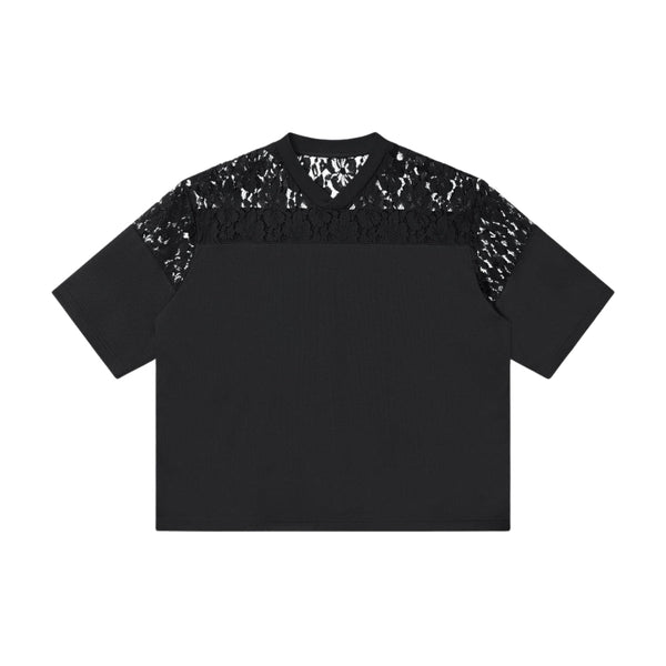 Openwork Lace-Stitching V-Neck Boxy Tee