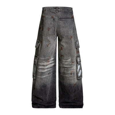 Men's Distressed Washed Denim Cargo Pants Wide Leg Paint Tie-Dye Unique