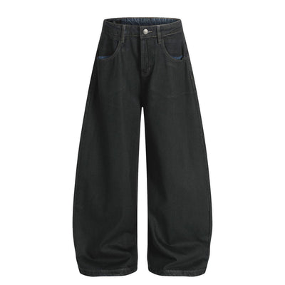 Men's Distressed Washed Denim Curved Pants Loose Wide Leg Street