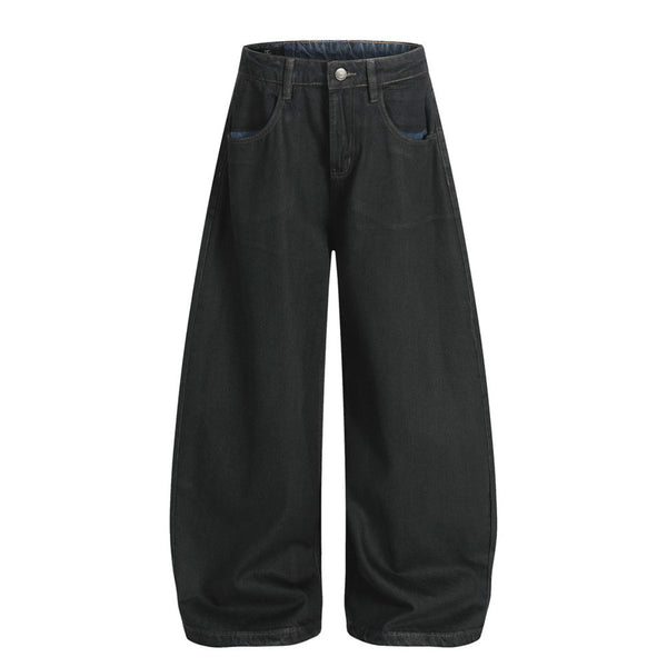 Men's Distressed Washed Denim Curved Pants Loose Wide Leg Street