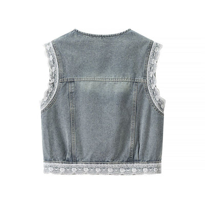 Vintage Wash Lace Trim Denim Vest
