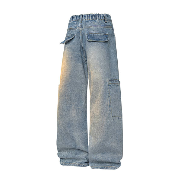 Faded Distressed Pleat Panel Oversized Loose Flared Jeans