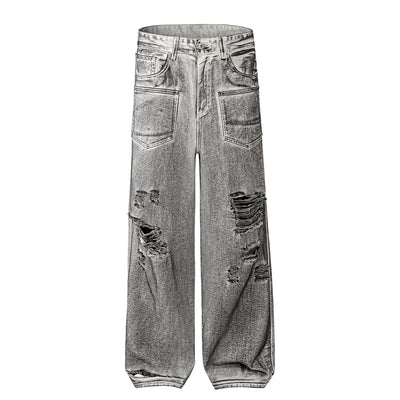 Acid Wash Destroyed Wide-Leg Jeans