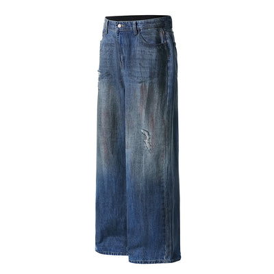 Faded Wash Distressed Baggy Frayed-Hem Jeans