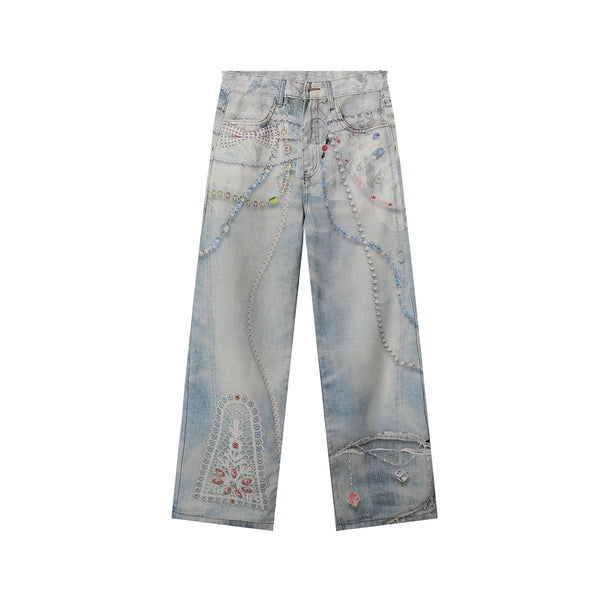 Digital Print Vintage Style Faux Denim Jeans