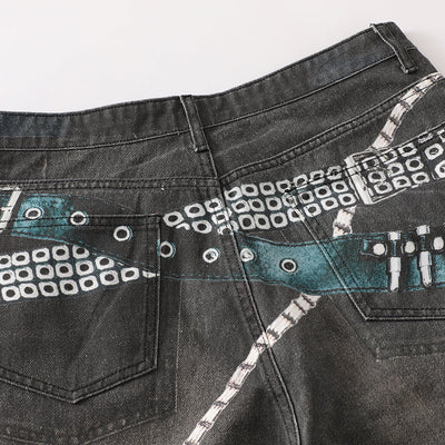 Vintage Washed Black Wide-Leg Printed Jeans