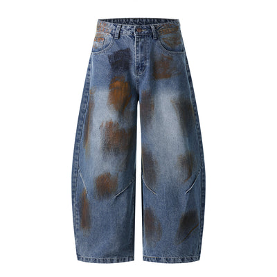 Retro Painted Barrel-Leg Denim Pants
