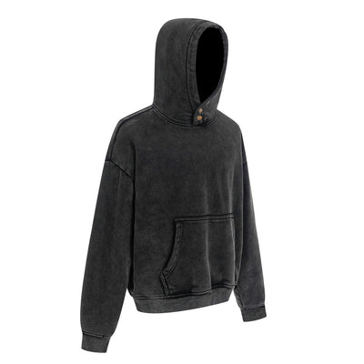 Front Pocket Button Detail Oversized Washed Hoodie