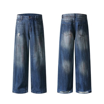 Faded Wash Distressed Baggy Frayed-Hem Jeans