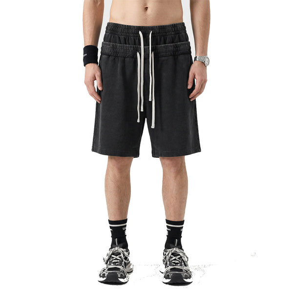 Double Waistband Snow Washed Distressed Shorts