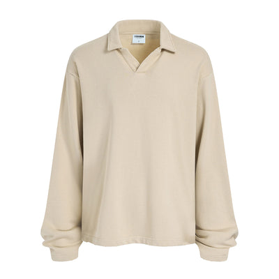 Distressed Edge Buttonless Long-Sleeve Polo