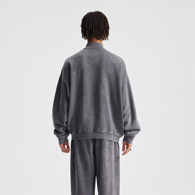 Vintage Zip-Up Ribbed Stand Collar Sweatshirt