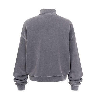 Vintage Zip-Up Ribbed Stand Collar Sweatshirt
