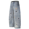 Washed Faded Dog-Embroidered Barrel-Leg Jeans