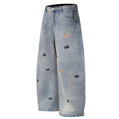 Washed Faded Dog-Embroidered Barrel-Leg Jeans