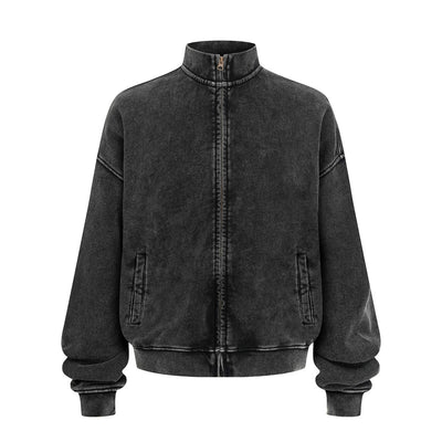 Vintage Zip-Up Ribbed Stand Collar Sweatshirt