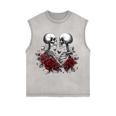 Skeletons Roses Love Valentine Sleeveless Faded Tee-INNBLAC