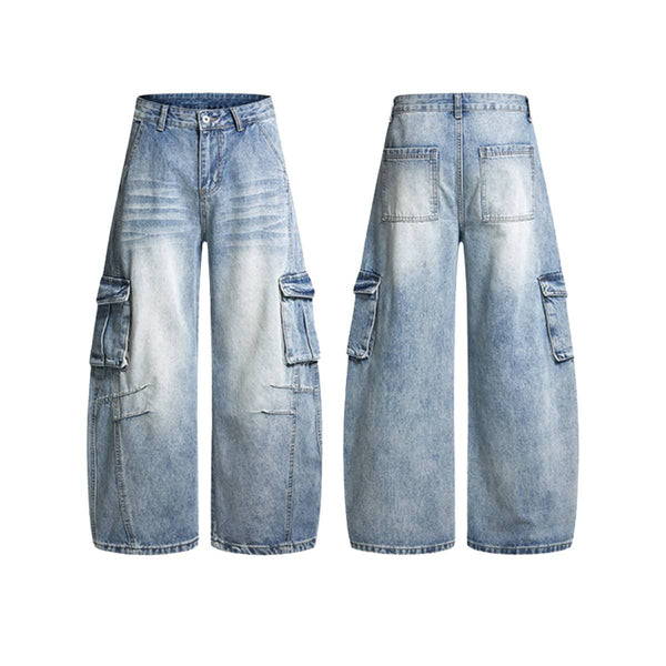 American Vintage Washed High-Waist Curved Wide-Leg Workwear Denim Pants