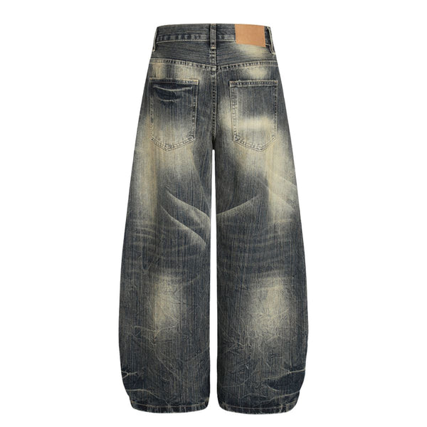 Men's Washed Faded Wide Leg Curved Denim Pants Distressed Punk