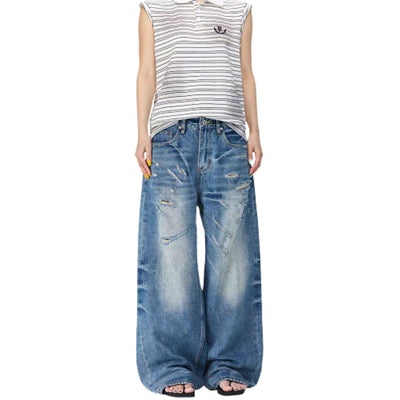 Bleached Rip Curved Wide Leg Denim Jeans
