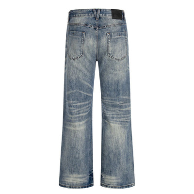 Men's Washed Vintage Loose Straight-Leg Denim Jeans with Distressed Details