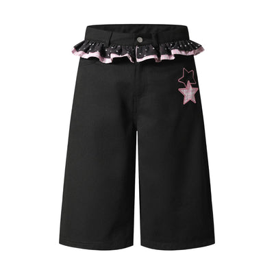 Washed Star Print Ruffle Waist Plaid Relaxed Bermuda Shorts