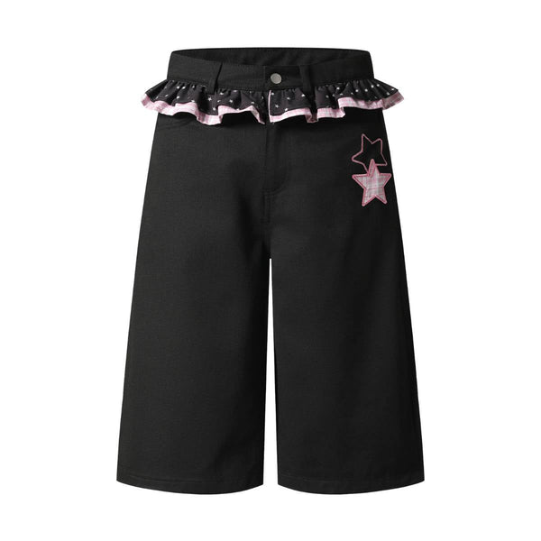 Washed Star Print Ruffle Waist Plaid Relaxed Bermuda Shorts