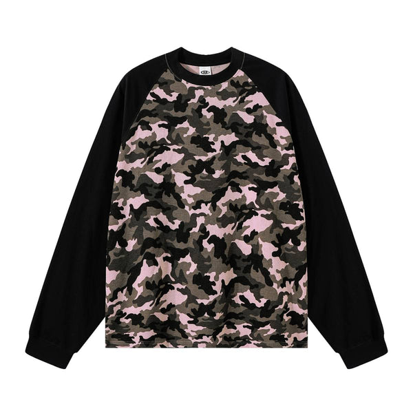 Raglan-Sleeve Camo Waffle Knit Long-Sleeve T-Shirt