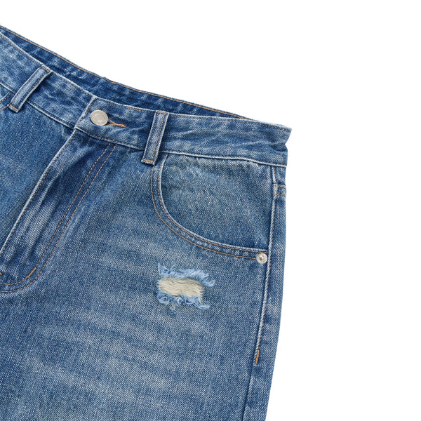 Retro Wash Ripped Wide Leg Denim Jeans