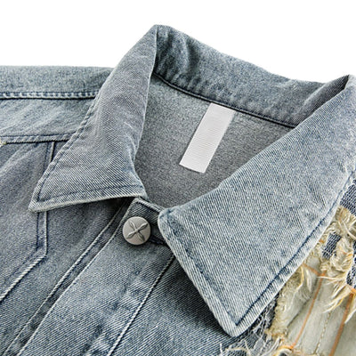 Loose-fitting Ripped Stitched Fashionable Washed Denim Jacket