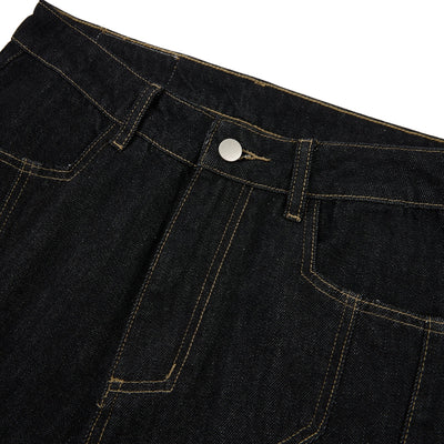 Raw Yellow-Stitch Wide-Leg Curved Baggy Denim Pants