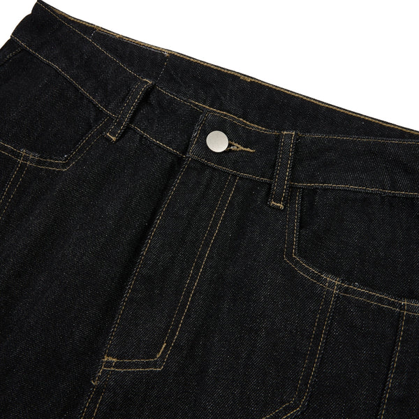 Raw Yellow-Stitch Wide-Leg Curved Baggy Denim Pants